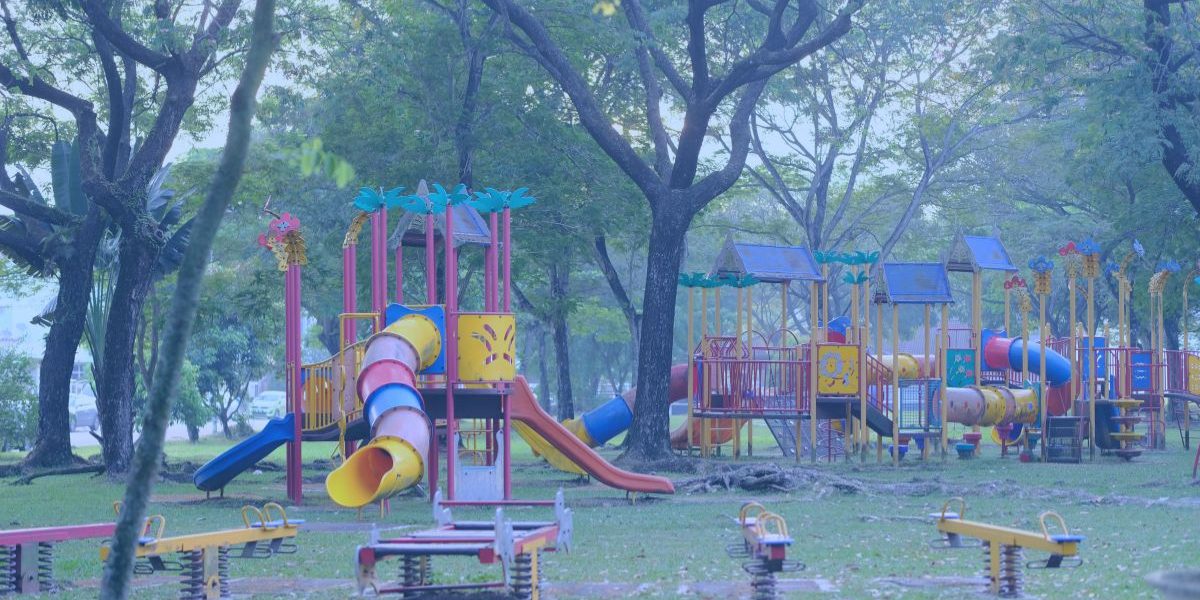 a large fun playground with many slides