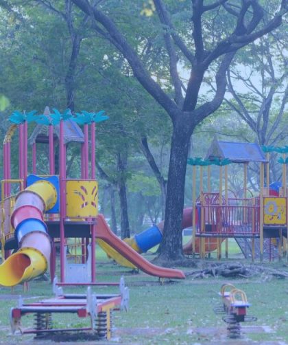 a large fun playground with many slides